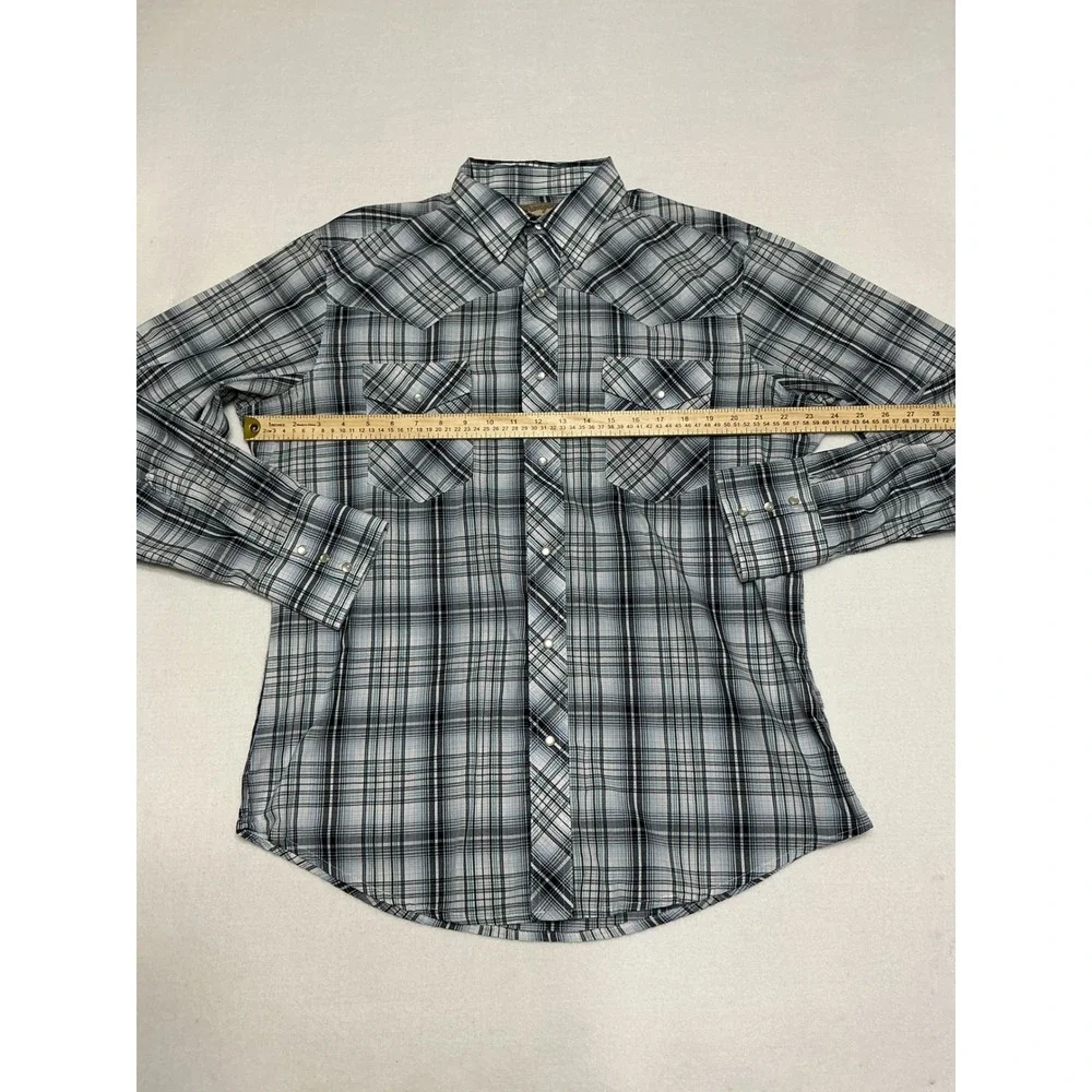 Wrangler Mens Large Western Pearl Snap Shirt Plaid Gray Black Long Sleeve Cowboy
